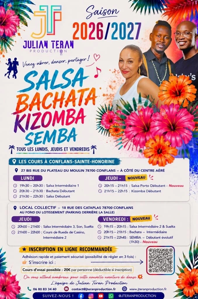Affiche des cours de danse latine saison 2026/2027 à Conflans avec Salha, Eberson et Dilson