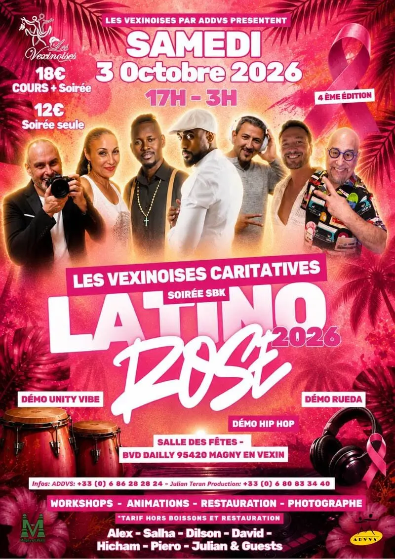 Affiche Latino Rose 2026, soirée SBK caritative des Vexinoises par ADDVS, samedi 3 octobre 2026 à la Salle des Fêtes de Magny-en-Vexin